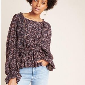 Anthropologie Nichola Peplum Blouse Black Pink Dark Floral Whimsy Boho Fairy
